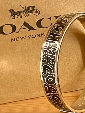 Coach Silver W Black Animal Print Bangle Bracelet 1/2 Inch New W/O Tags